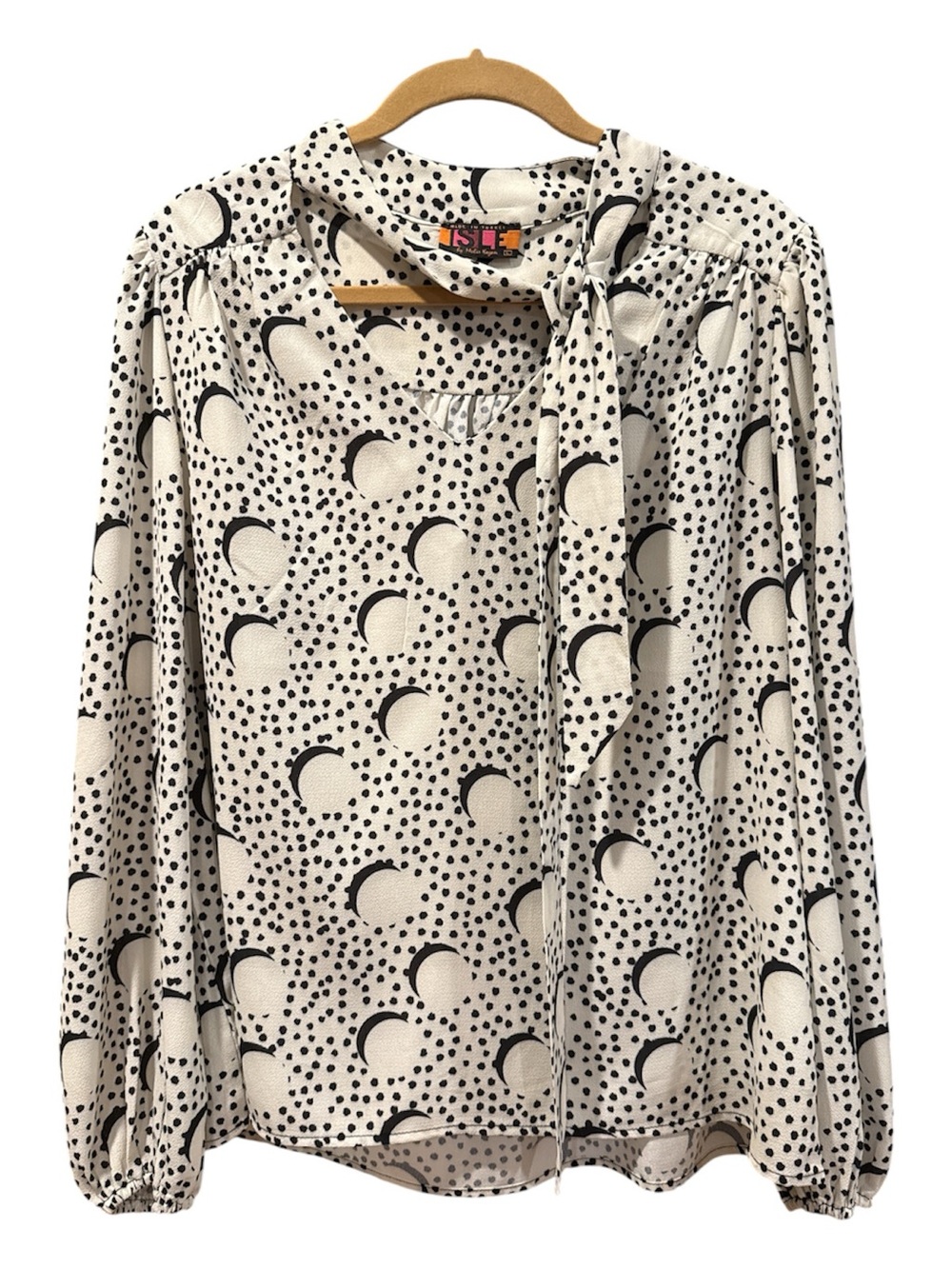 ISLE by Melis Kozan made in Tie Neck Dot & Crescent Print Blouse - Cream & Black
